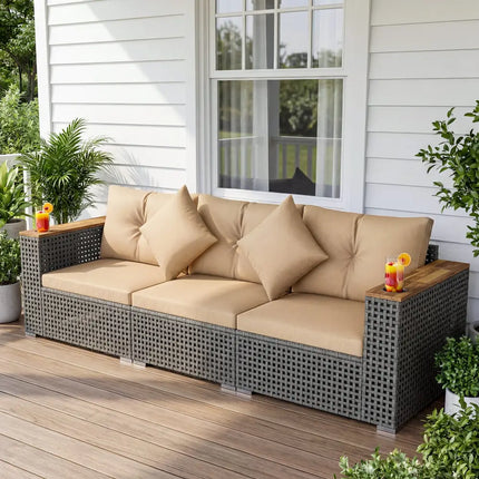 Patio Wicker Sectional Furniture Set with 1 Armless and 2 Corner Sofas for Garden-Beige - Beige - Outdoor Sectionals
