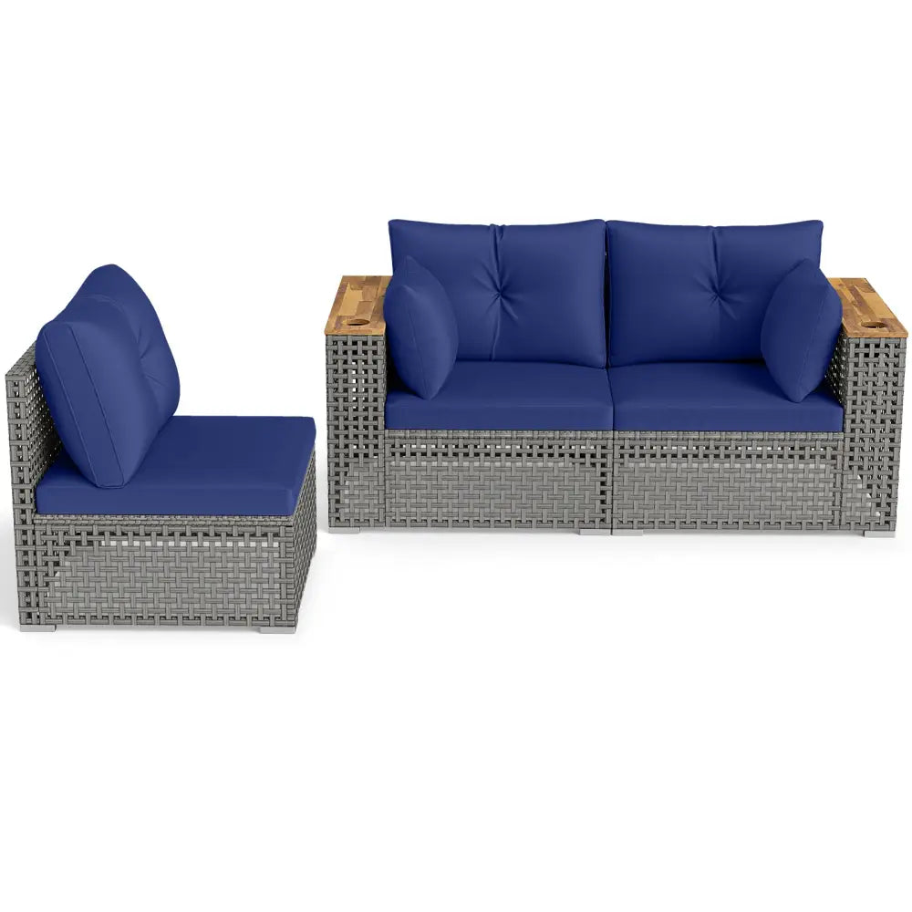 Patio Wicker Sectional Furniture Set with 1 Armless and 2 Corner Sofas for Garden-Navy - Navy - Outdoor Sectionals