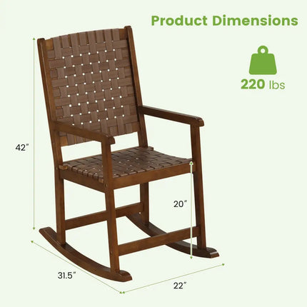 Patio Wood Rocking Chair with PU Seat and Rubber Wood Frame-Brown - Brown - Patio Rocking Chairs & Gliders