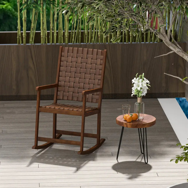Patio Wood Rocking Chair with PU Seat and Rubber Wood Frame-Brown - Brown - Patio Rocking Chairs & Gliders
