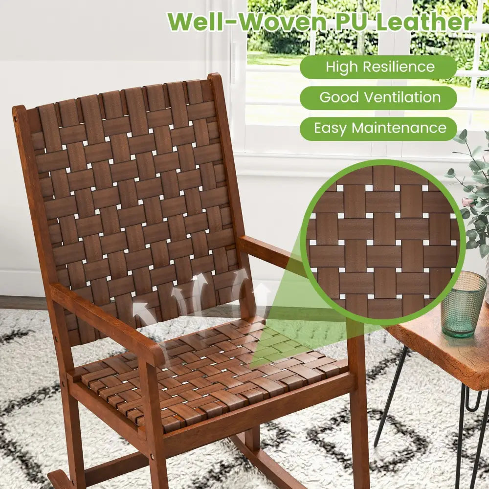 Patio Wood Rocking Chair with PU Seat and Rubber Wood Frame-Brown - Brown - Patio Rocking Chairs & Gliders