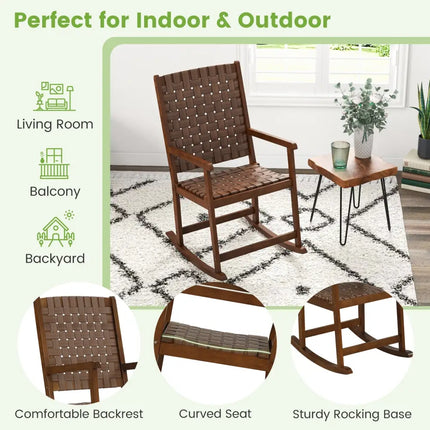 Patio Wood Rocking Chair with PU Seat and Rubber Wood Frame-Brown - Brown - Patio Rocking Chairs & Gliders