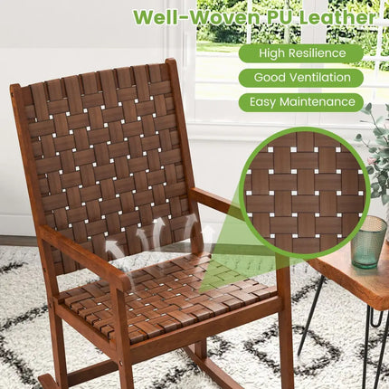 Patio Wood Rocking Chair with PU Seat and Rubber Wood Frame-Brown - Brown - Patio Rocking Chairs & Gliders
