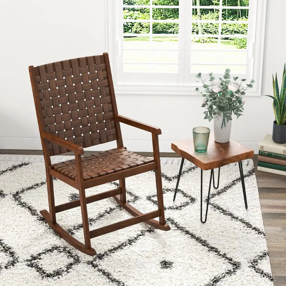 Patio Wood Rocking Chair with PU Seat and Rubber Wood Frame-Brown - Brown - Patio Rocking Chairs & Gliders