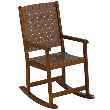 Patio Wood Rocking Chair with PU Seat and Rubber Wood Frame-Brown - Brown - Patio Rocking Chairs & Gliders