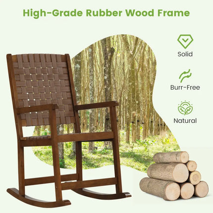 Patio Wood Rocking Chair with PU Seat and Rubber Wood Frame-Brown - Brown - Patio Rocking Chairs & Gliders
