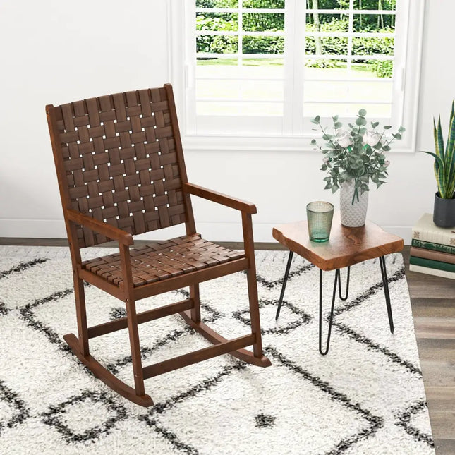 Patio Wood Rocking Chair with PU Seat and Rubber Wood Frame-Brown - Brown - Patio Rocking Chairs & Gliders