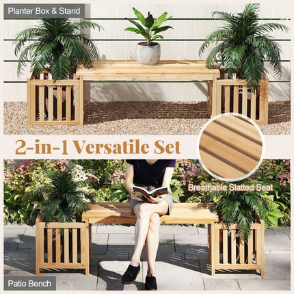Patio Wooden Bench with Planter 2 Person Patio Bench-Natural - Natural - Outdoor Benches