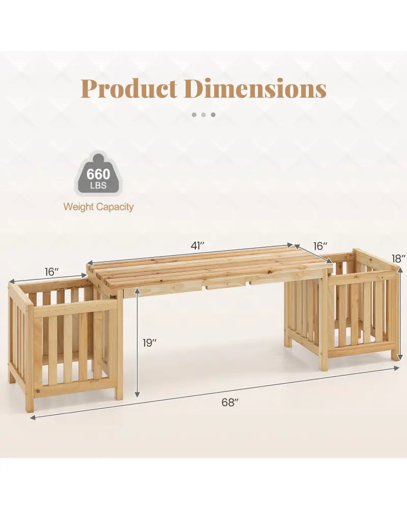 Patio Wooden Bench with Planter 2 Person Patio Bench-Natural - Natural - Outdoor Benches