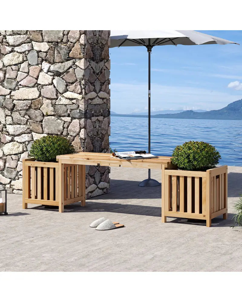 Patio Wooden Bench with Planter 2 Person Patio Bench-Natural - Natural - Outdoor Benches