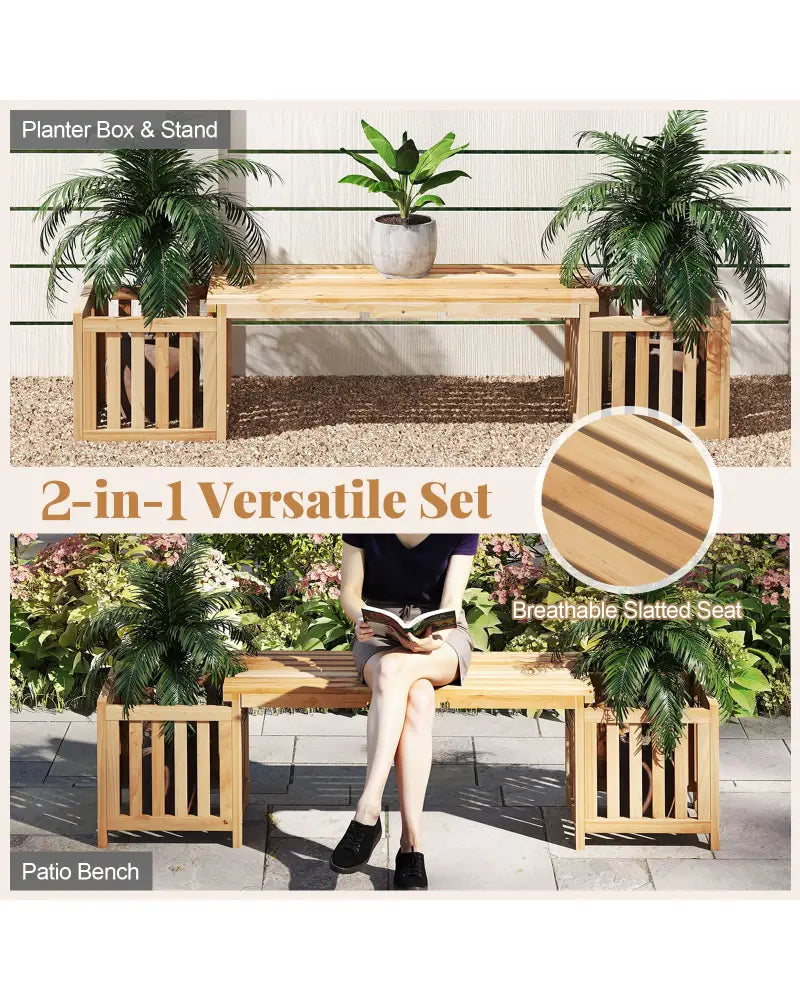 Patio Wooden Bench with Planter 2 Person Patio Bench-Natural - Natural - Outdoor Benches