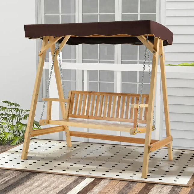 Patio Wooden Swing Bench Chair with Adjustable Canopy for 2 Persons - Natural - Porch Swings