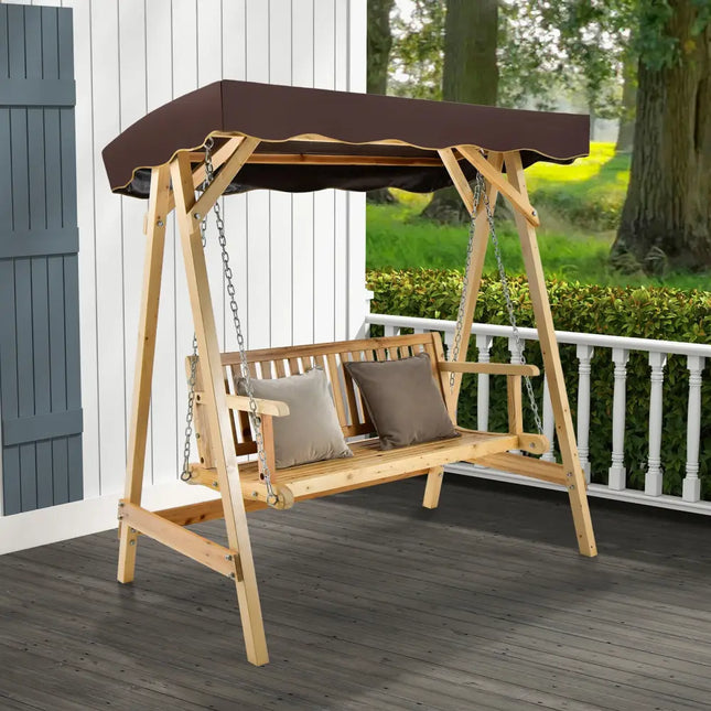 Patio Wooden Swing Bench Chair with Adjustable Canopy for 2 Persons - Natural - Porch Swings