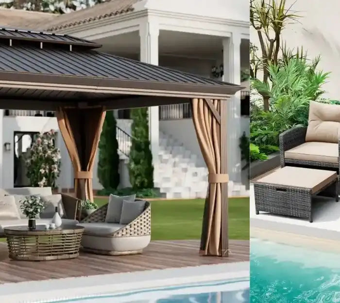 Patio gazebo with outdoor furniture and a pool area.