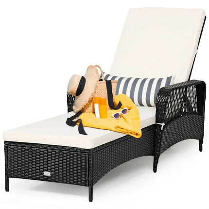 PE Rattan Armrest Chaise Lounge Chair with Adjustable Pillow-Off White - Off White - Outdoor Chaise Lounges