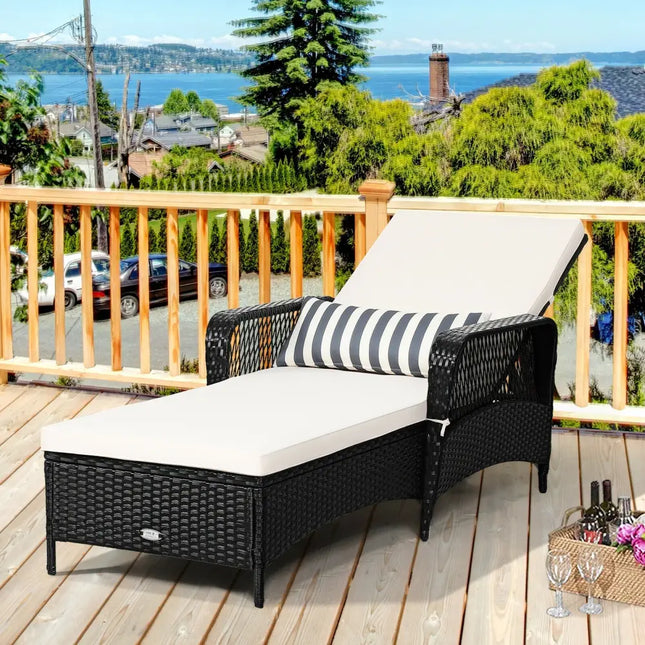 PE Rattan Armrest Chaise Lounge Chair with Adjustable Pillow-Off White - Off White - Outdoor Chaise Lounges