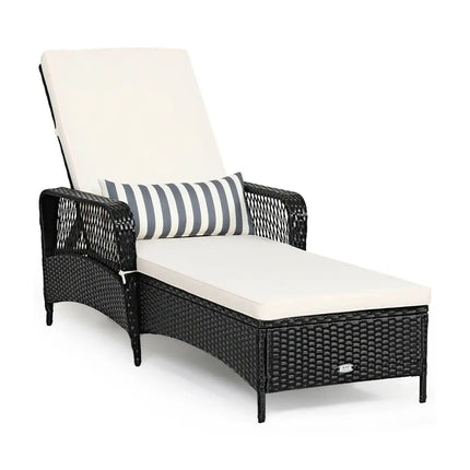 PE Rattan Armrest Chaise Lounge Chair with Adjustable Pillow-Off White - Off White - Outdoor Chaise Lounges