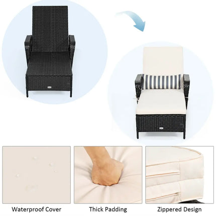 PE Rattan Armrest Chaise Lounge Chair with Adjustable Pillow-Off White - Off White - Outdoor Chaise Lounges