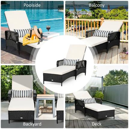 PE Rattan Armrest Chaise Lounge Chair with Adjustable Pillow-Off White - Off White - Outdoor Chaise Lounges