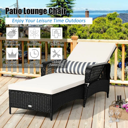PE Rattan Armrest Chaise Lounge Chair with Adjustable Pillow-Off White - Off White - Outdoor Chaise Lounges
