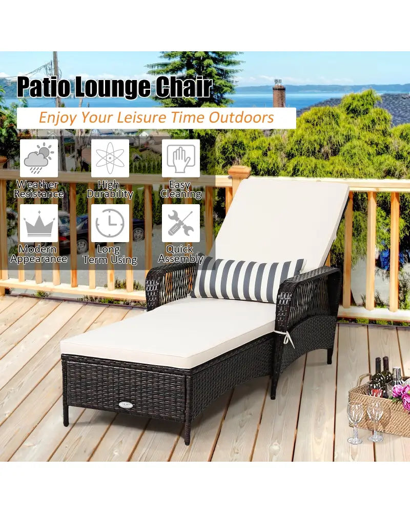 PE Rattan Chaise Lounge Chair Arm Chair Recliner Adjustable with Pillow - Off White - Outdoor Chaise Lounges