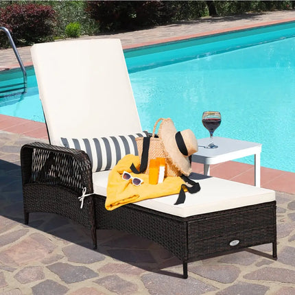 PE Rattan Chaise Lounge Chair Arm Chair Recliner Adjustable with Pillow - Off White - Outdoor Chaise Lounges