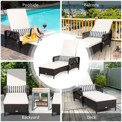 PE Rattan Chaise Lounge Chair Arm Chair Recliner Adjustable with Pillow - Off White - Outdoor Chaise Lounges