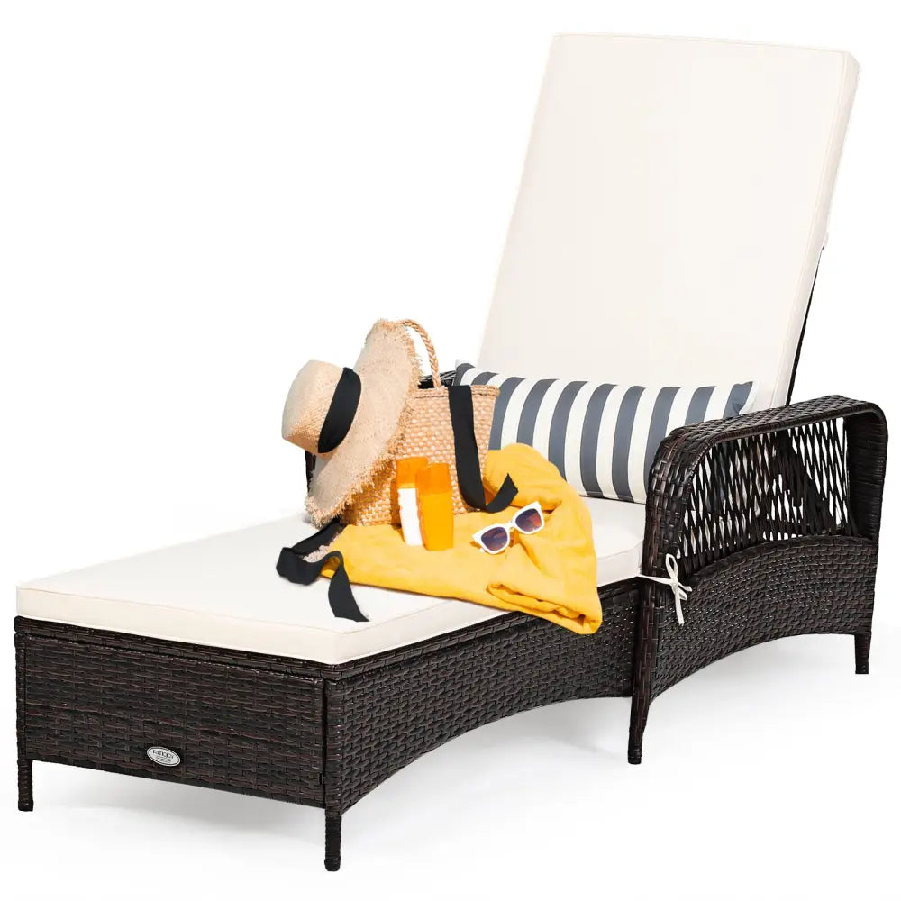 PE Rattan Chaise Lounge Chair Arm Chair Recliner Adjustable with Pillow - Off White - Outdoor Chaise Lounges