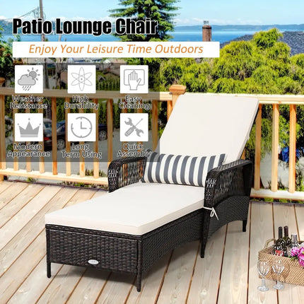 PE Rattan Chaise Lounge Chair Arm Chair Recliner Adjustable with Pillow - Off White - Outdoor Chaise Lounges