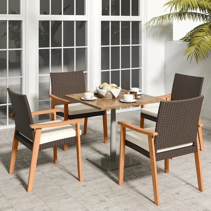PE Rattan Outdoor Patio Dining Chair Set of 2 with Removable Cushion and Acacia Wood Armrests-White - White - Patio