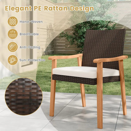 PE Rattan Outdoor Patio Dining Chair Set of 2 with Removable Cushion and Acacia Wood Armrests-White - White - Patio