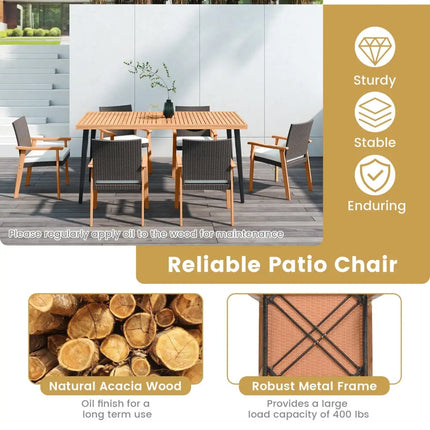 PE Rattan Outdoor Patio Dining Chair Set of 2 with Removable Cushion and Acacia Wood Armrests-White - White - Patio