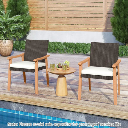 PE Rattan Outdoor Patio Dining Chair Set of 2 with Removable Cushion and Acacia Wood Armrests-White - White - Patio