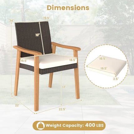 PE Rattan Outdoor Patio Dining Chair Set of 2 with Removable Cushion and Acacia Wood Armrests-White - White - Patio