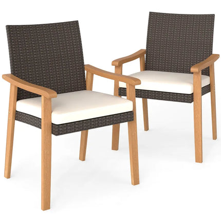 PE Rattan Outdoor Patio Dining Chair Set of 2 with Removable Cushion and Acacia Wood Armrests-White - White - Patio