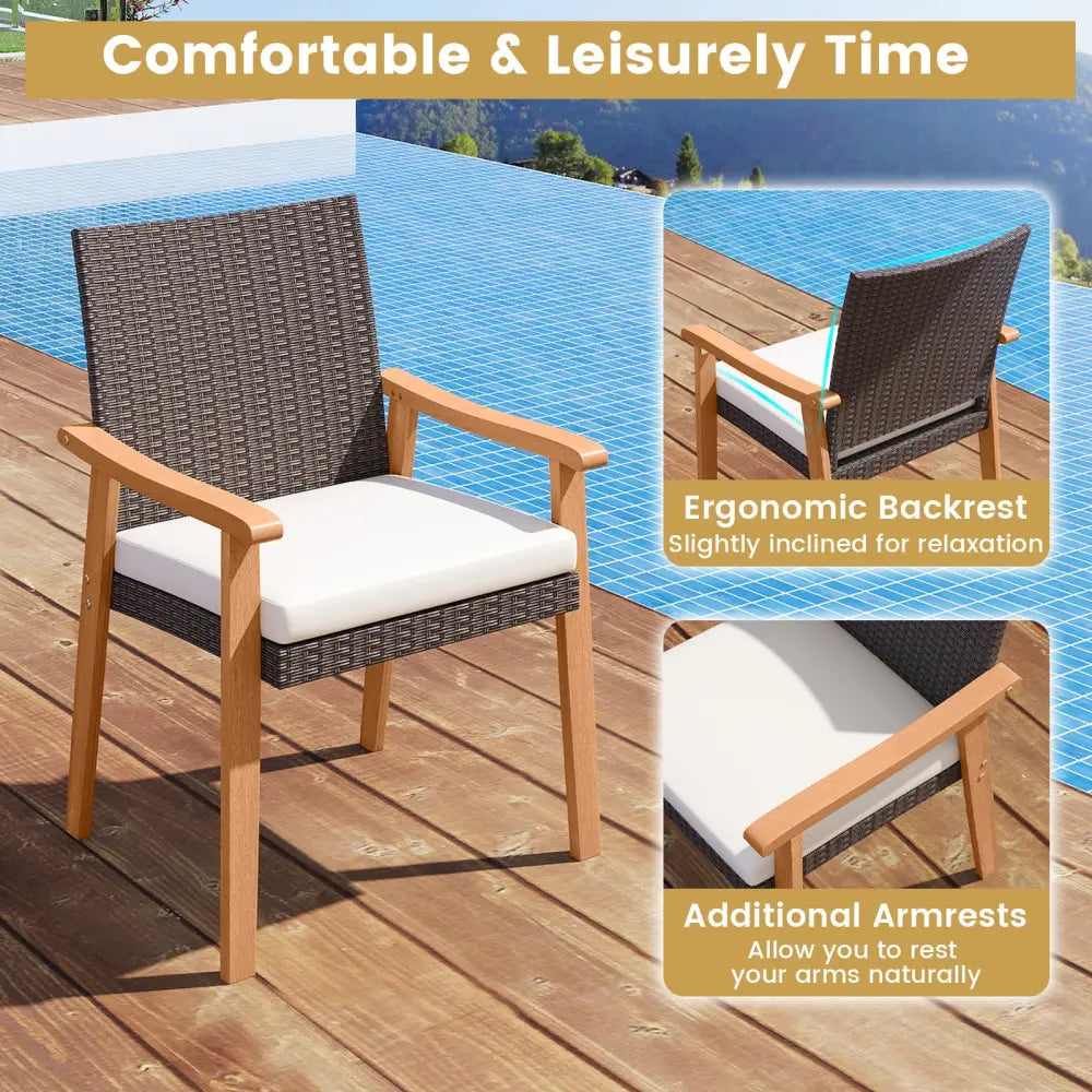 PE Rattan Outdoor Patio Dining Chair Set of 4 with Removable Cushion and Acacia Wood Armrests-White - White - Patio