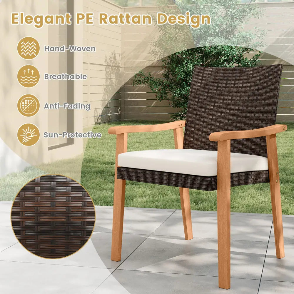 PE Rattan Outdoor Patio Dining Chair Set of 4 with Removable Cushion and Acacia Wood Armrests-White - White - Patio