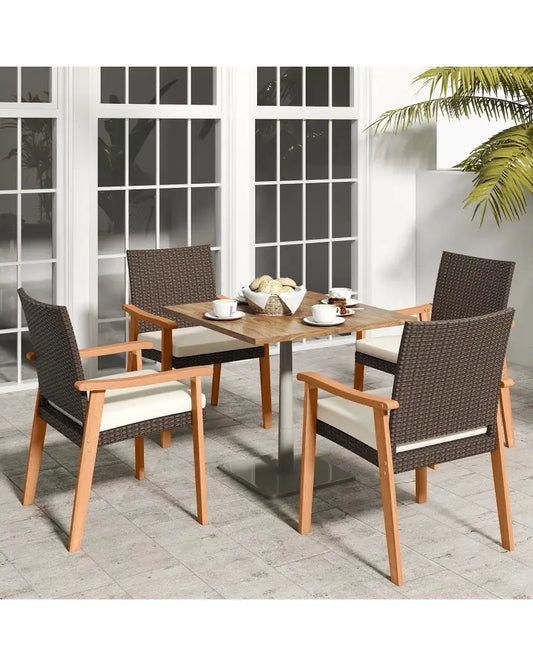 PE Rattan Outdoor Patio Dining Chair Set of 4 with Removable Cushion and Acacia Wood Armrests-White - White - Patio