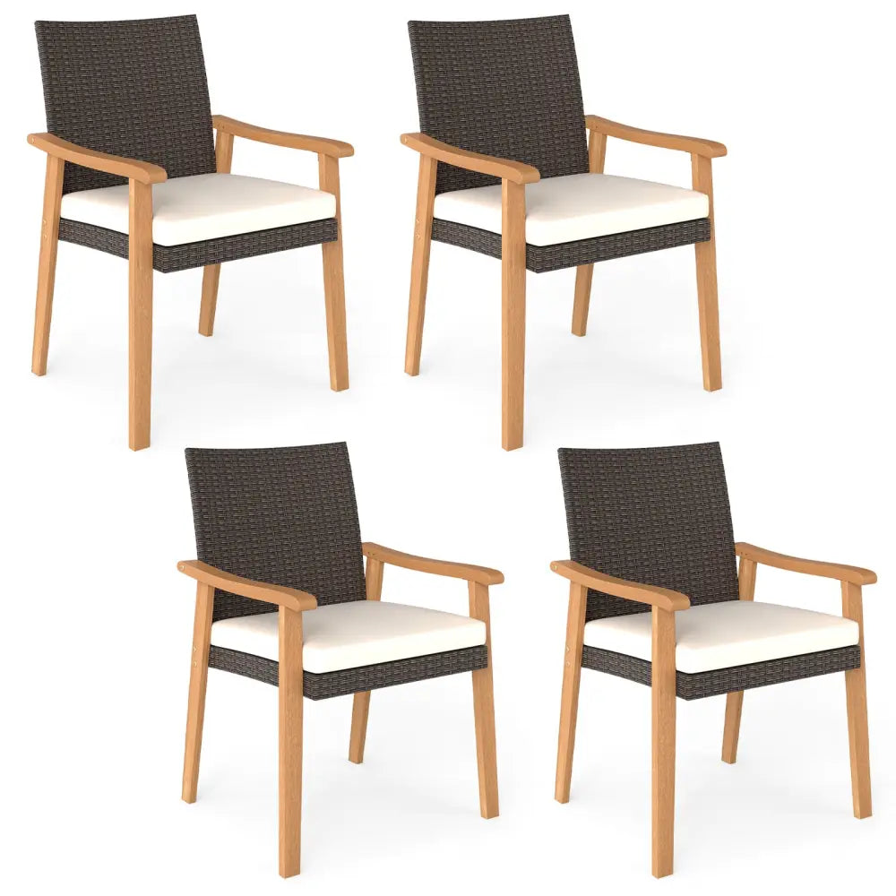 PE Rattan Outdoor Patio Dining Chair Set of 4 with Removable Cushion and Acacia Wood Armrests-White - White - Patio