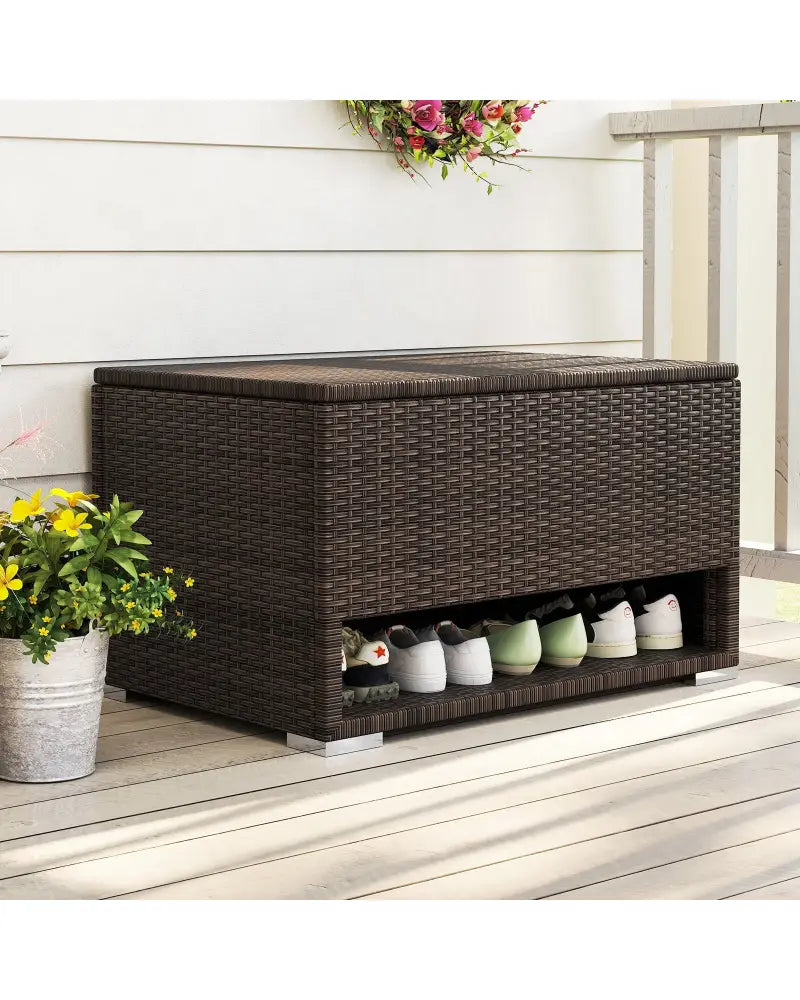 PE Rattan Storage Bin with Waterproof Liner for Patio Cushions - Brown - Sheds & Outdoor Storage
