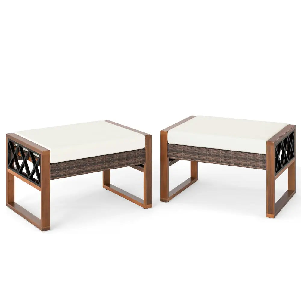 PE Rattan Wicker Ottomans Set of 2 with Removable Cushions-Beige - Beige - Outdoor Seating & Patio Chairs