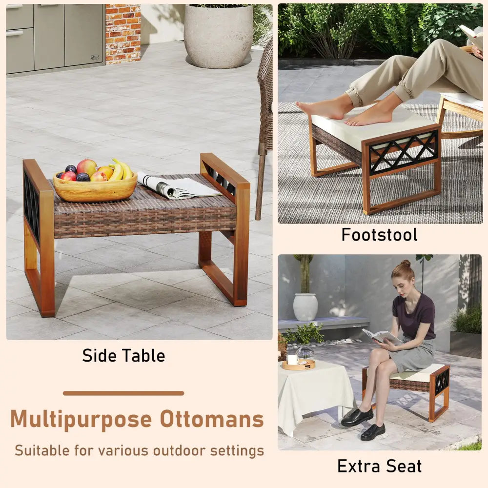 PE Rattan Wicker Ottomans Set of 2 with Removable Cushions-Beige - Beige - Outdoor Seating & Patio Chairs