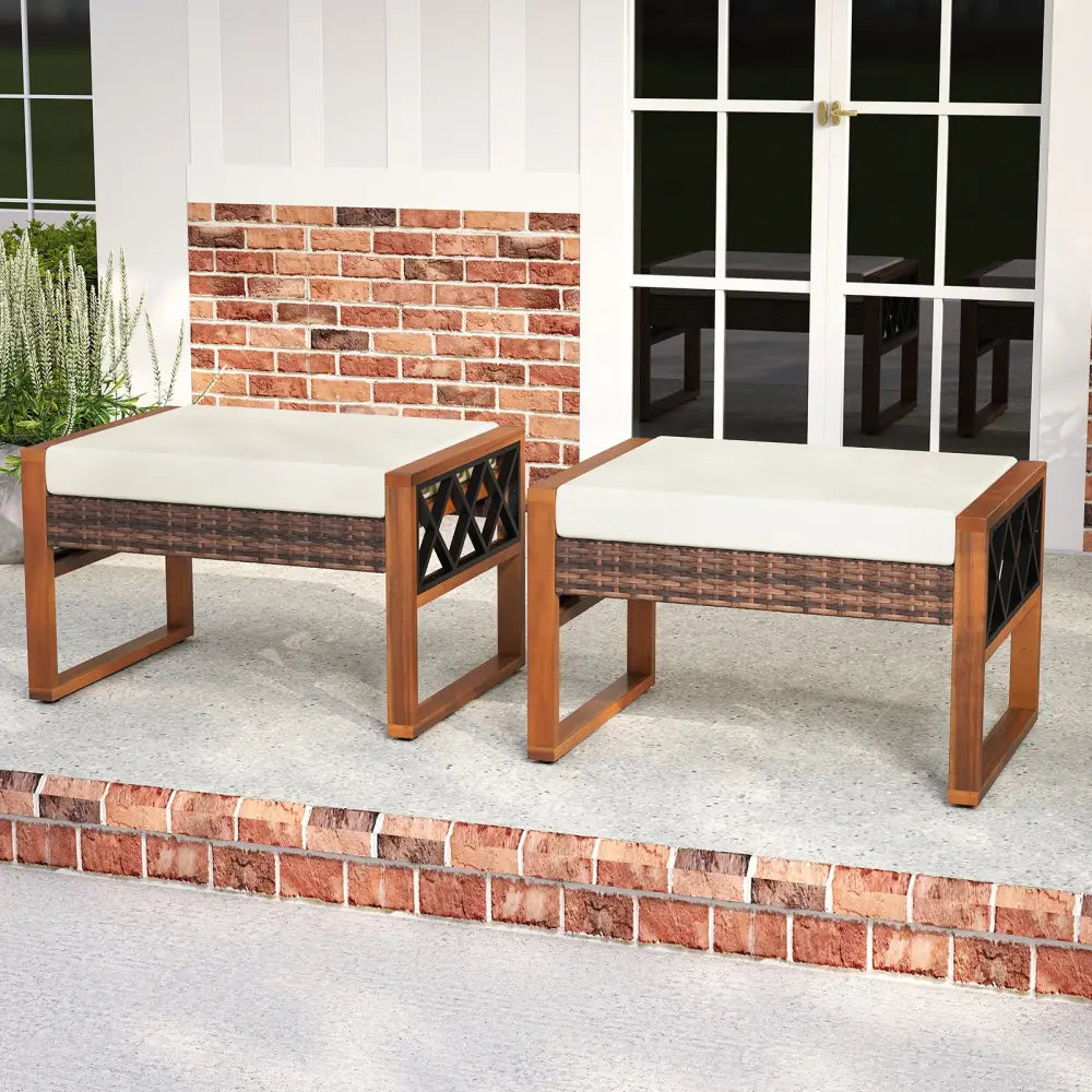 PE Rattan Wicker Ottomans Set of 2 with Removable Cushions-Beige - Beige - Outdoor Seating & Patio Chairs
