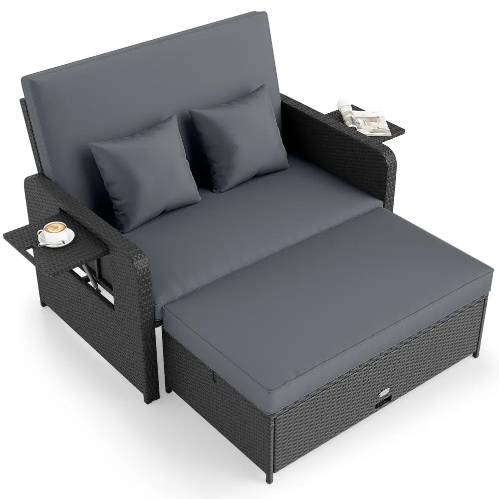 PE Wicker Outdoor Daybed with 4-Level Adjustable Backrest and Storage Ottoman-Gray - Gray - Outdoor Sectionals