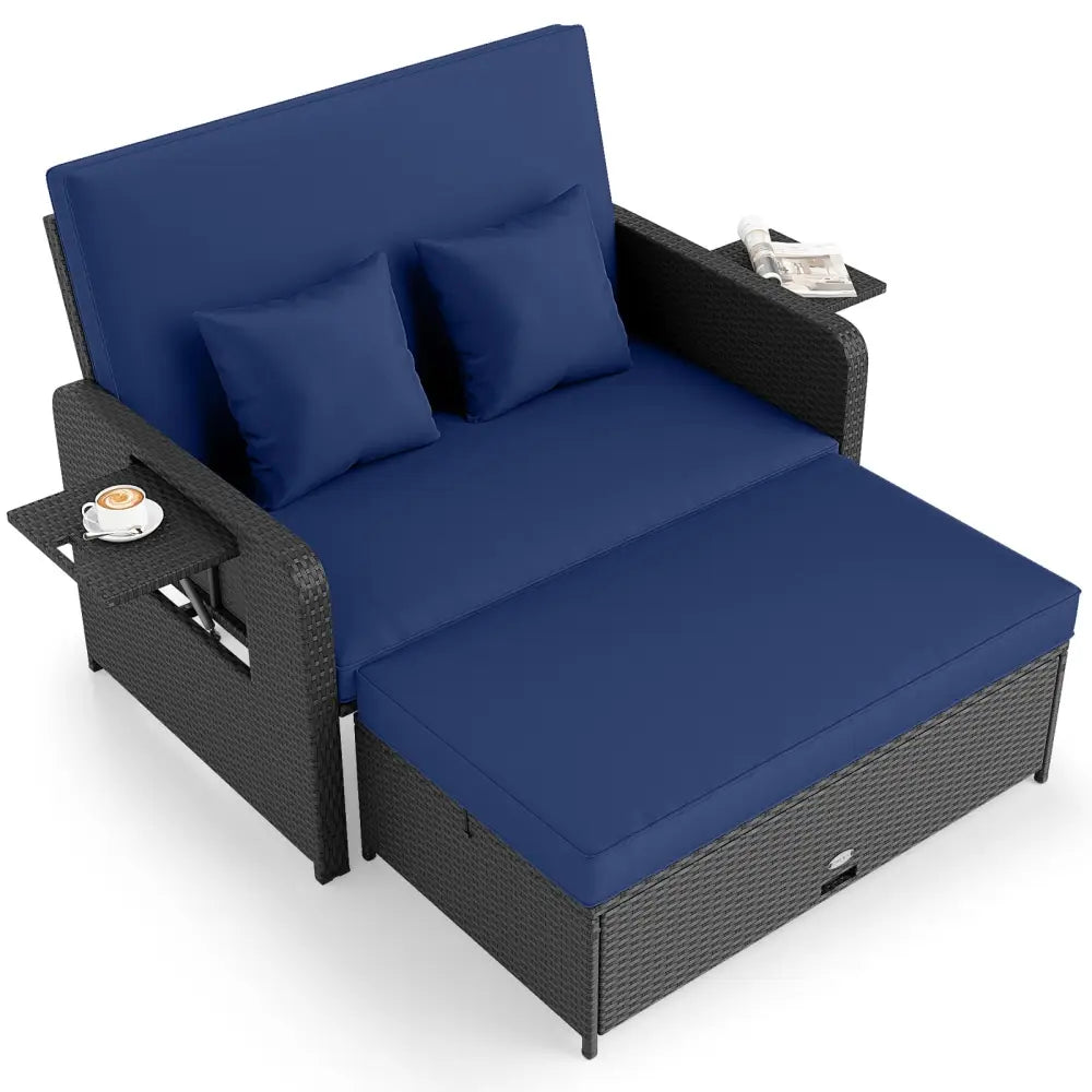 PE Wicker Outdoor Daybed with 4-Level Adjustable Backrest and Storage Ottoman-Navy - Navy - Outdoor Sectionals