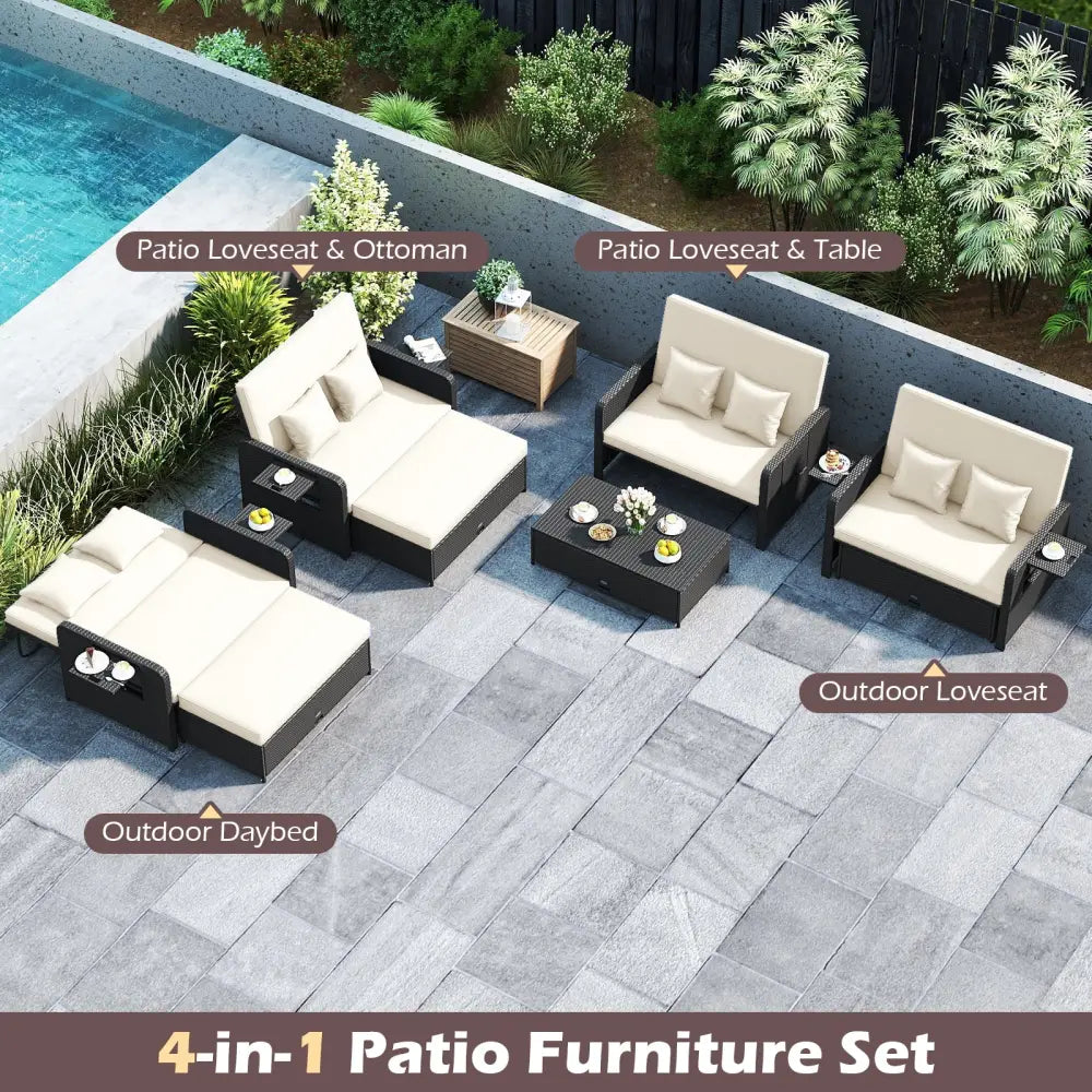 PE Wicker Outdoor Daybed with 4-Level Adjustable Backrest and Storage Ottoman-White - White - Outdoor Sectionals