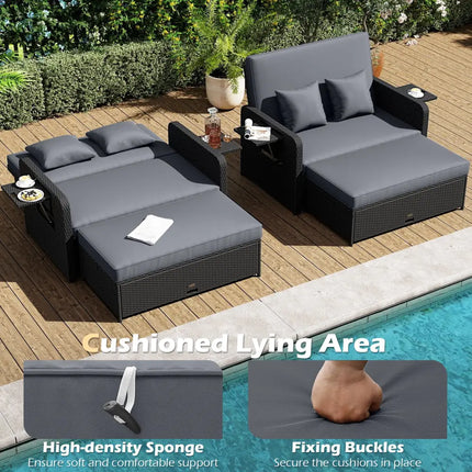 PE Wicker Outdoor Daybed with 4-Level Adjustable Backrest and Storage Ottoman-Gray - Gray - Outdoor Sectionals