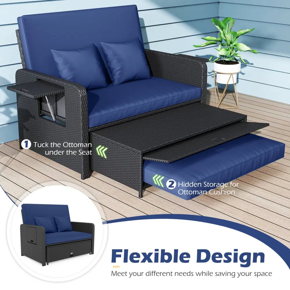 PE Wicker Outdoor Daybed with 4-Level Adjustable Backrest and Storage Ottoman-Navy - Navy - Outdoor Sectionals