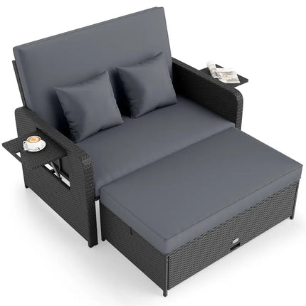 PE Wicker Outdoor Daybed with 4-Level Adjustable Backrest and Storage Ottoman-Gray - Gray - Outdoor Sectionals