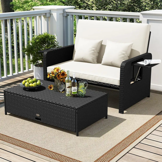 PE Wicker Outdoor Daybed with 4-Level Adjustable Backrest and Storage Ottoman-White - White - Outdoor Sectionals